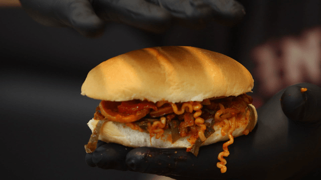 Budaejjigae sandwich with ramen and vegetables