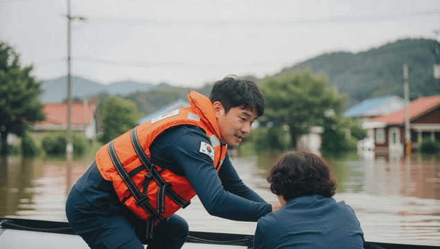Rescue worker operating rubber boat during flood