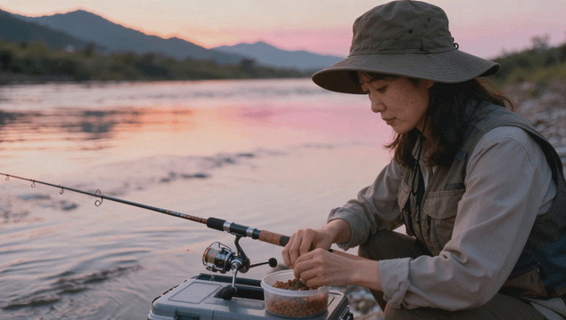 Fishing at a riverside during dusk