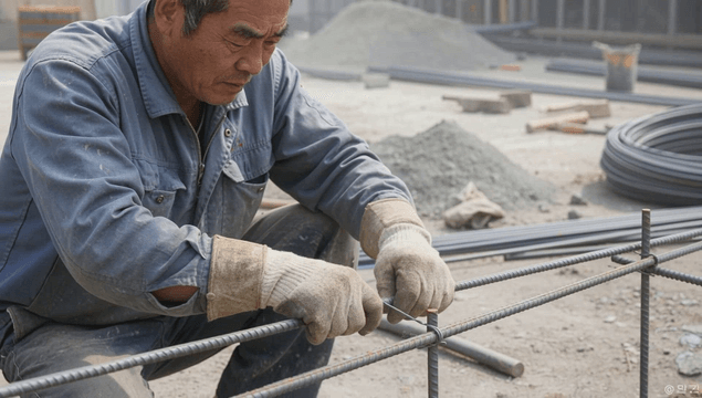 Worker tying rebar at a construction site