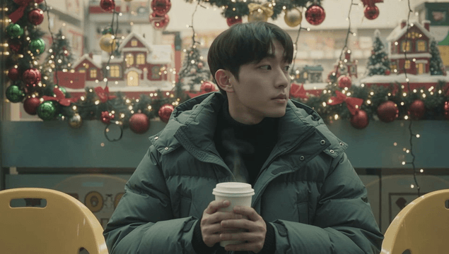 크리스마스 분위기에서 커피를 들고 있는 남자