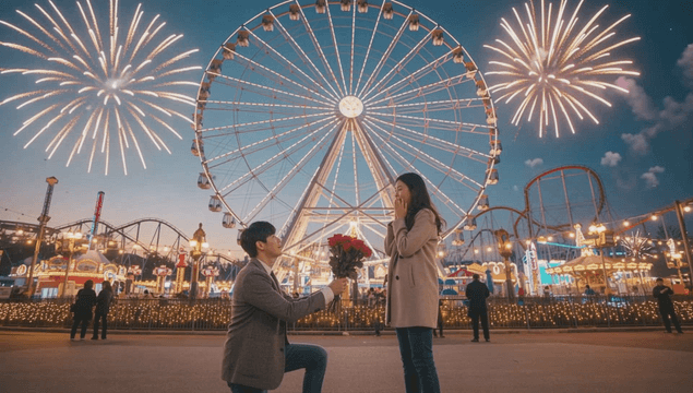 Romantic proposal at amusement park