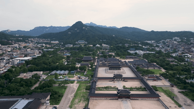 Aerial view of a historic palace and cityscape
