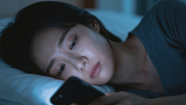 Young woman using a smartphone while lying in bed at night