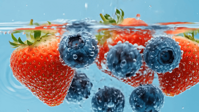 Berries submerged in water with bubbles