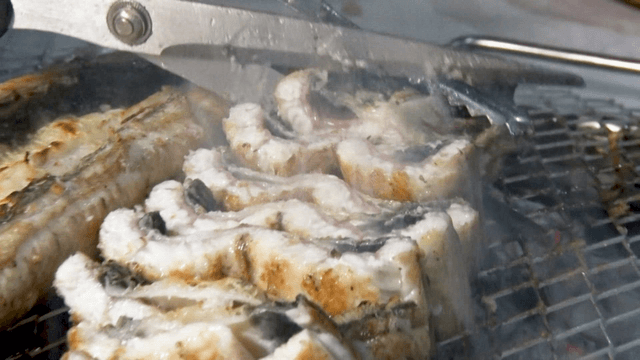 Eel barbecue cut with scissors on grill