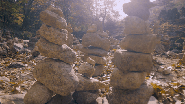 Stacked stones in a serene forest setting