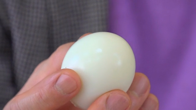 A hand holding a boiled egg