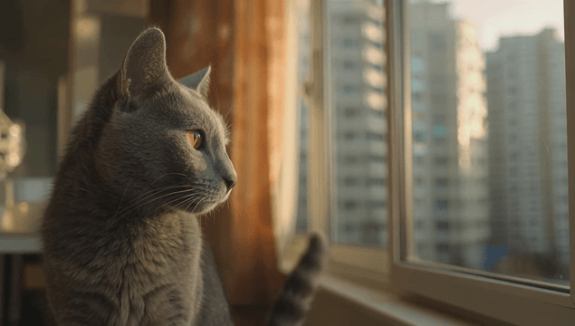 A cat gazing out the window at sunset