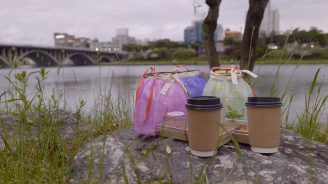 Picnic setup by the riverside with city view