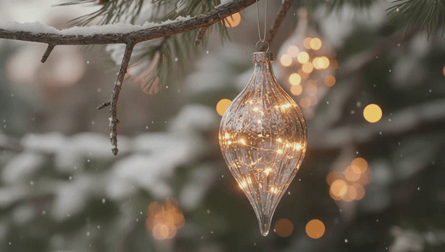 눈 덮인 가지에 매달린 빛나는 장식