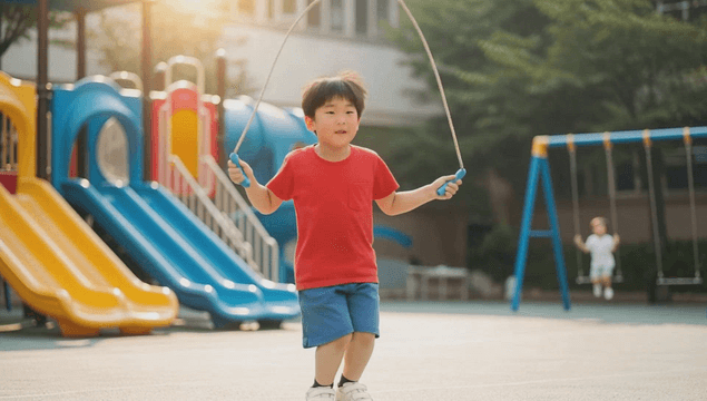 Boy jumping rope in sunny playground