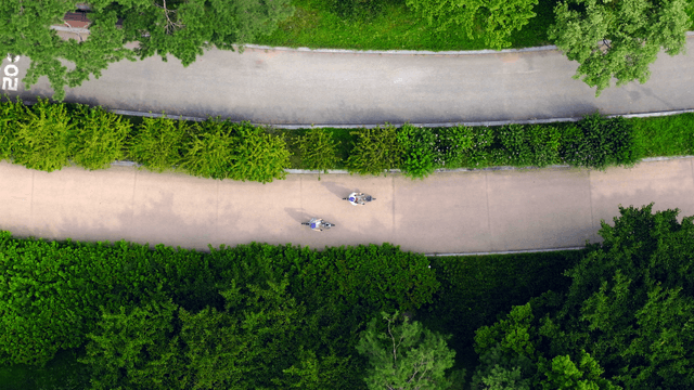 Aerial view of a green park with cyclists