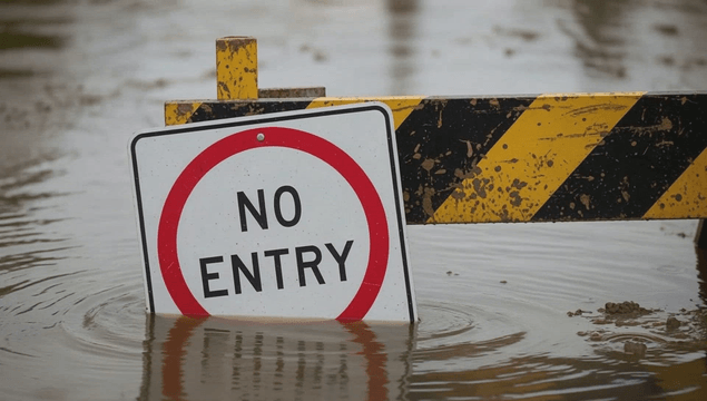 Flooded road with a no entry sign submerged in water