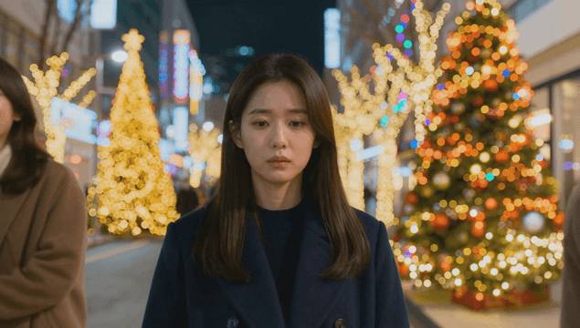 밤 크리스마스 거리의 외로운 여성