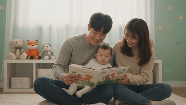 Young couple reading a fairy tale book to their baby