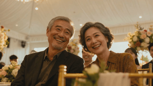 Elderly couple smiling as wedding guests