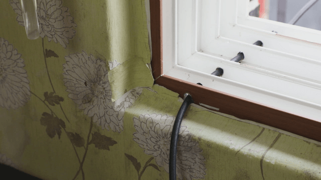 Window with floral wallpaper and cable