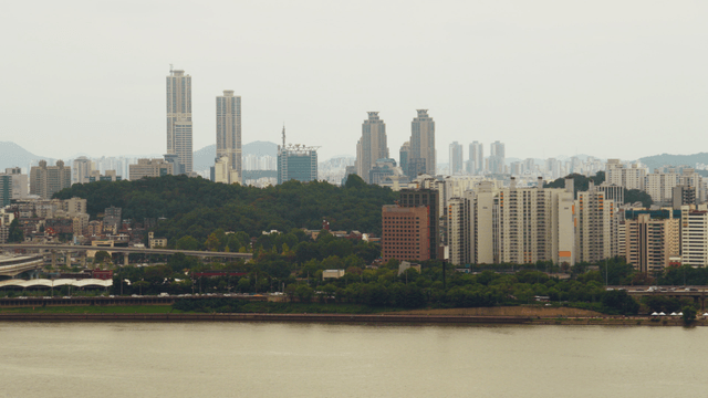 Seoul cityscape with the Han River and forest