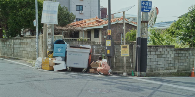 A woman picking up a tree from a dumpster