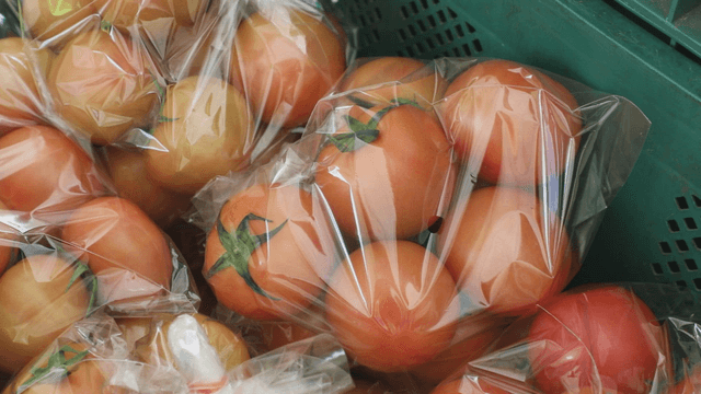 Fresh tomatoes wrapped in plastic