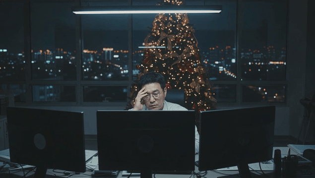 Office worker late at night with Christmas tree
