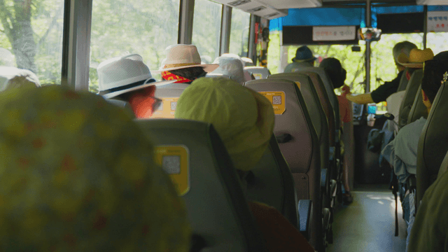 Bus carrying people wearing hats on mountain road