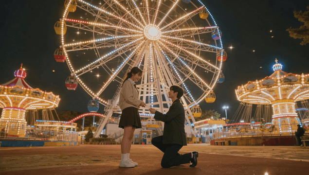 Couple at a lit-up amusement park