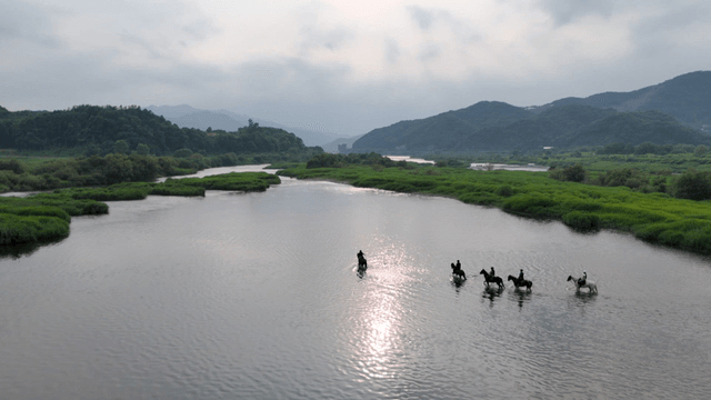 아름다운 계곡에서 강을 건너는 말 기수들