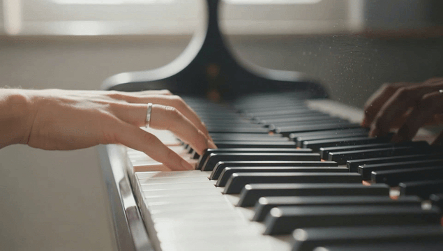 Hand playing piano keys gracefully