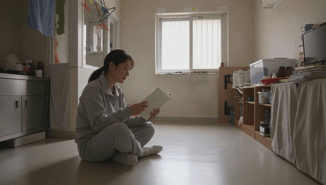 Female inmate reading in prison cell
