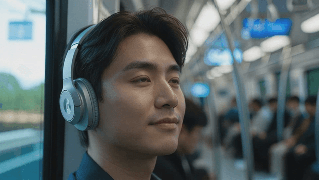 Young man listening to music with wireless headset in subway