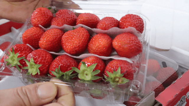 Strawberries being revealed from opened packaging