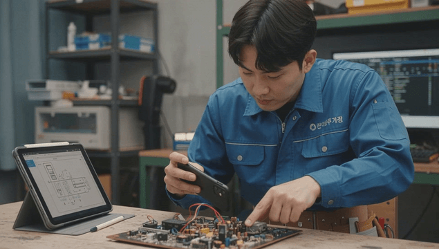 Engineer inspecting circuit board with smartphone