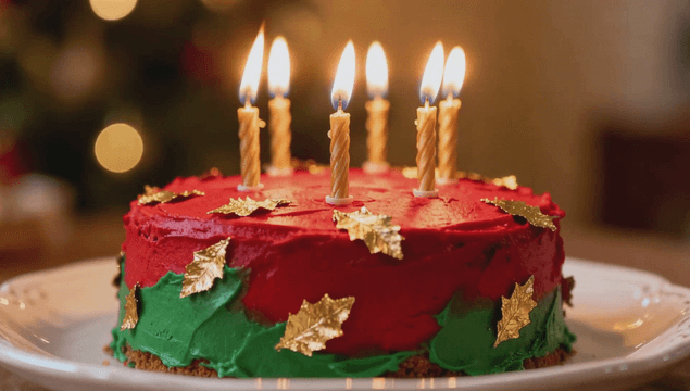 촛불이 켜진 크리스마스 케이크
