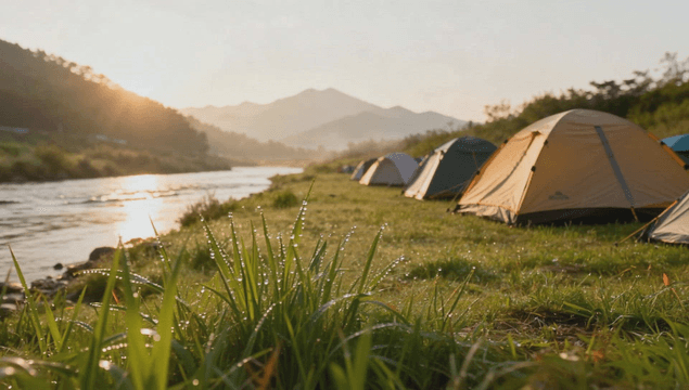 해뜰녘 잔잔한 강가에 있는 텐트