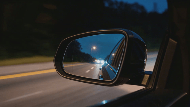 Night driving reflected in a side mirror