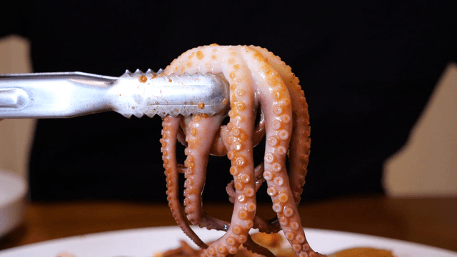 Tongs holding octopus from seafood braised chicken