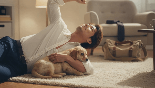 Man resting with puppy on soft carpet