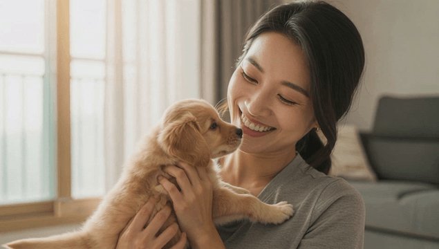 Smiling woman holding puppy
