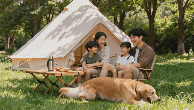 골든 리트리버와 캠핑 나온 가족