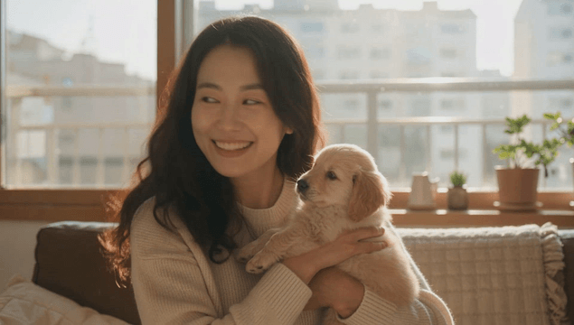 Woman holding a puppy in a sunlit living room