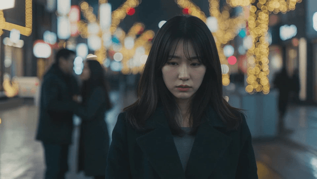 크리스마스 거리에서 혼자 걷는 여성