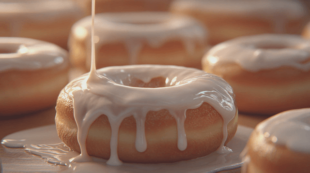 Glazed donuts with icing being poured