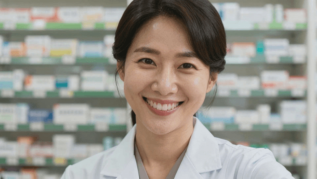 Female pharmacist smiling in a pharmacy