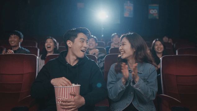 Couple clapping while watching a movie in the theater