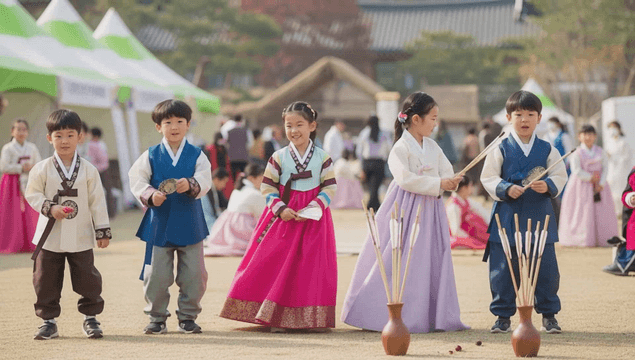 Children playing traditional Tuho in Hanbok