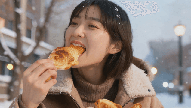Young woman enjoying warm bungeoppang on a snowy winter street