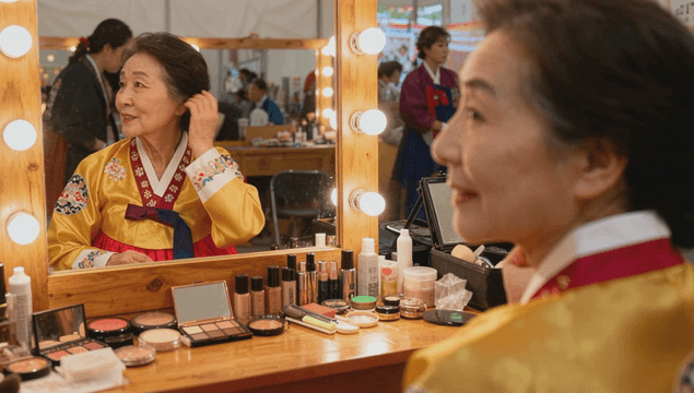 Elderly woman in hanbok grooming her hair in front of a dressing table