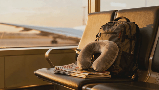Backpack magazine and neck pillow on an airport seat